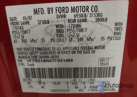 2007 Ford F150 z USA, uszkodzony, nr VIN 1FTRX14W67FB51469